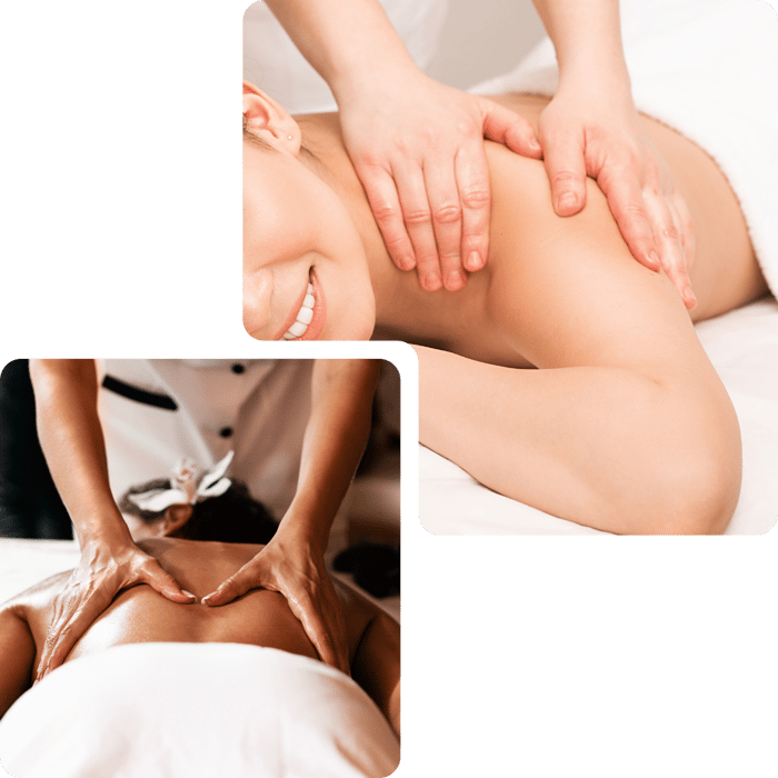 Women receiving back and shoulder massages, one smiling.