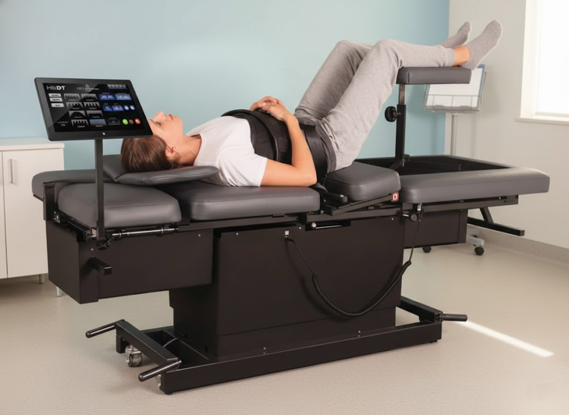 Patient on spinal decompression table for chronic pain relief