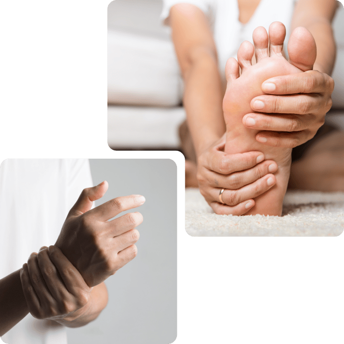 Hands showing wrist pain and foot massage for neuropathy relief