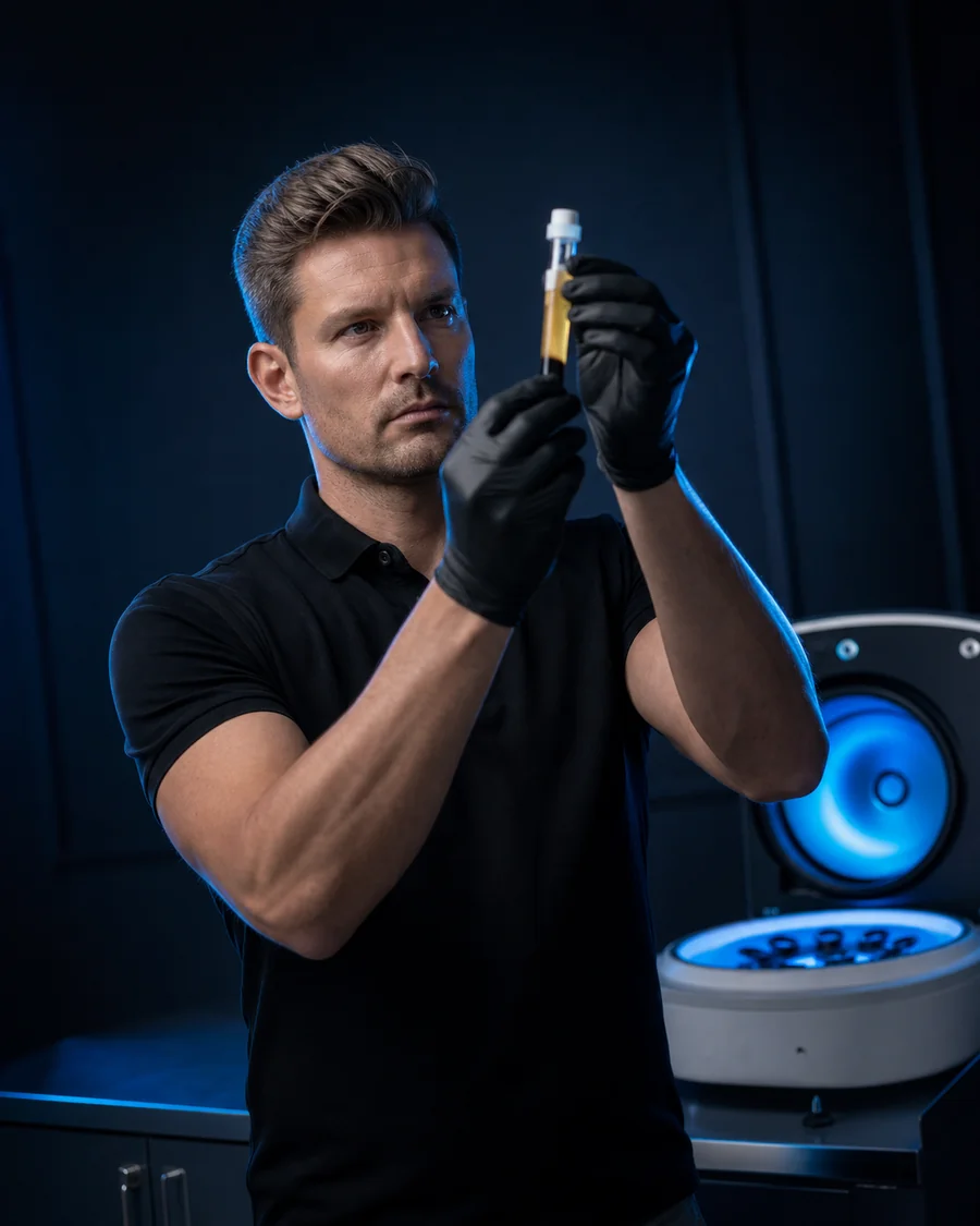 Clinician examining a vial of platelet-rich plasma beside a centrifuge